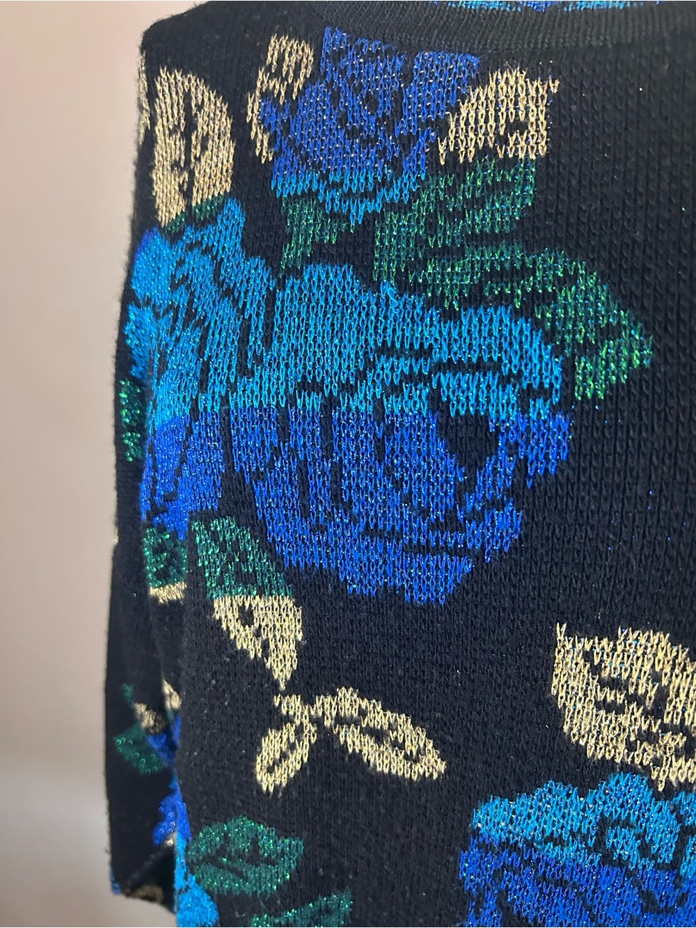 Vintage Black Sweater with Blue & Green Rose Motif - Picture 2 of 7